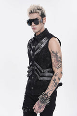 Black Lapel Collar Sleeveless Multi-Layered Printed Tie-dyed Buckled Men's Punk Shirt - Product - 11