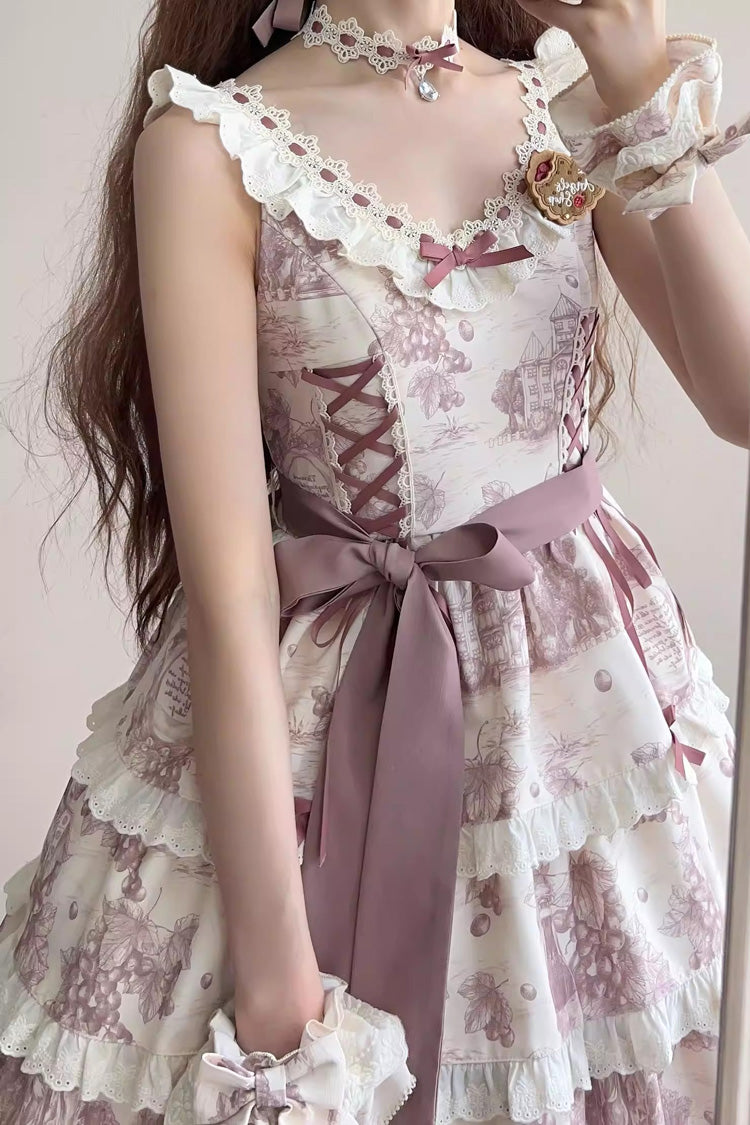 Smoky Purple [Grape Moon Almanac] Sleeveless Multi-Layered Printed Ruffled Bow Adjustable-Length Sweet Lolita Jsk Dress - Product - 4