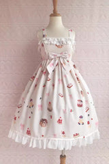 Strawberry Fruit Dessert Print Ruffle Bowknot Lace Sweet Lolita Jsk Dress 5 Colors - Apricot - 1