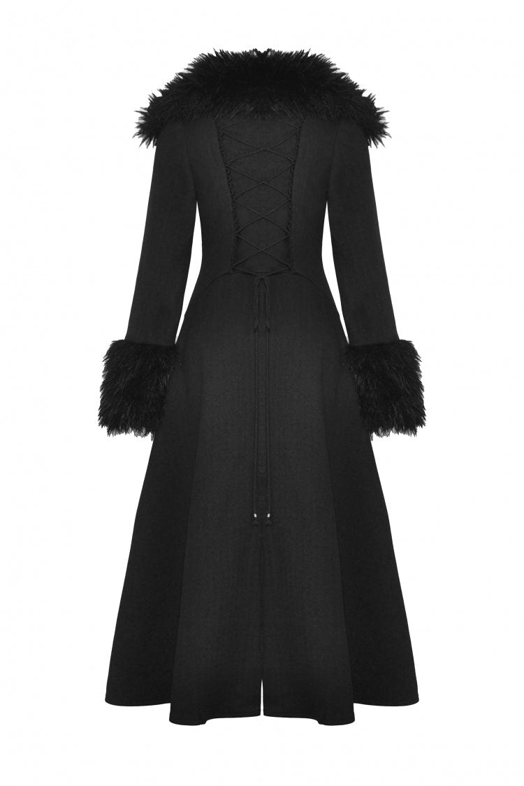 Black Long Sleeves Lace-Up Buckled Women's Gothic Draped Coat with Faux Fur Collar - Product - 12