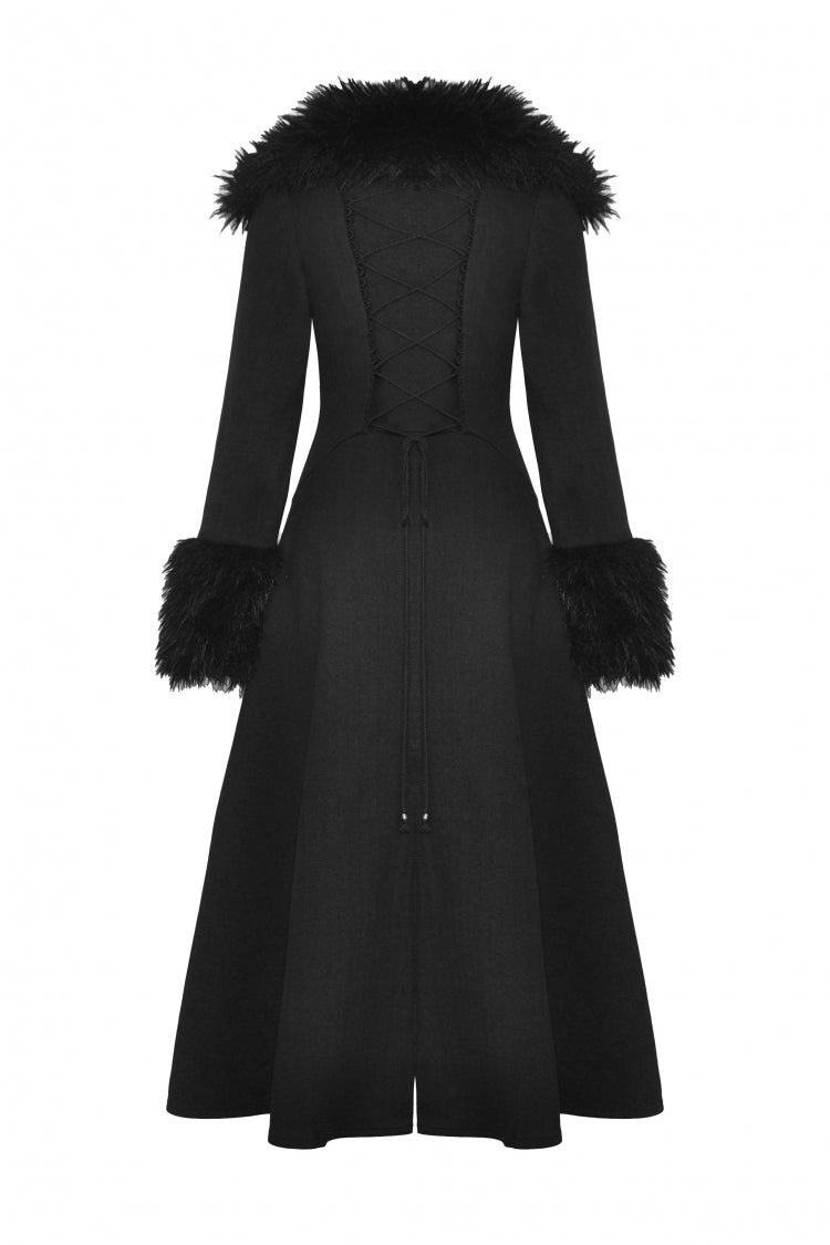 Black Long Sleeves Lace-Up Buckled Women's Gothic Draped Coat with Faux Fur Collar - Product - 12
