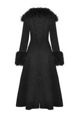 Black Long Sleeves Lace-Up Buckled Women's Gothic Draped Coat with Faux Fur Collar - Product - 12