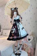 Black/White Navy Collar Short Sleeves Strawberry Bear Print Ruffled Hem Sweet Lolita Dress - Product - 5