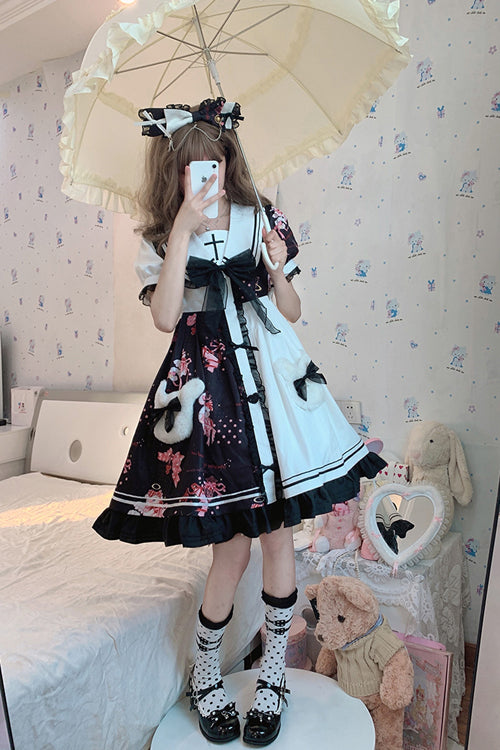 Black/White Navy Collar Short Sleeves Strawberry Bear Print Ruffled Hem Sweet Lolita Dress - Product - 5