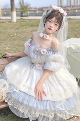 Grey/Blue [Spring of Boliya] Long Sleeves Multi-Layered Ruffle Bowknot Lace Lace-Up Sweet Princess Lolita Dress - Product - 4