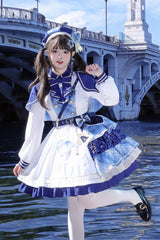 White/Blue [Starlight Academy Style] Long Sleeves Printed Ruffled Spliced Asymmetric Faux Two-Piece Sweet Lolita Dress - White/Blue - 1