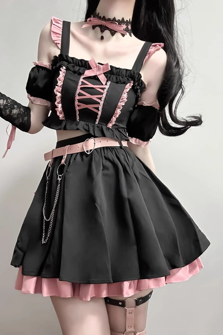 Black/Pink Tie Bow Gothic Sweet Lolita Strapless Skirt Dress 2 Pieces Set - Black/Pink - 1
