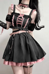 Black/Pink Tie Bow Gothic Sweet Lolita Strapless Skirt Dress 2 Pieces Set - Black/Pink - 1