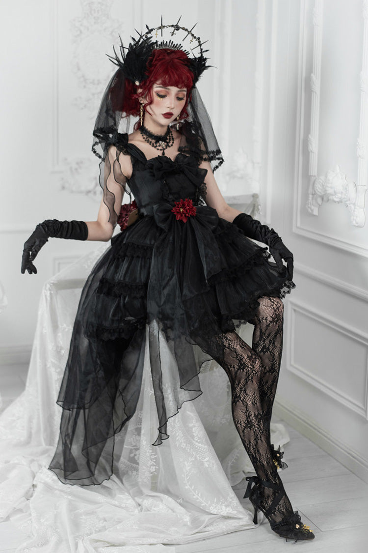 Black Multi-Layered Ruffled Hanayome Bow Pearl-Decorated Gothic Lolita Jsk Dress Full Set 2 Versions - Black(Short Version) - 5