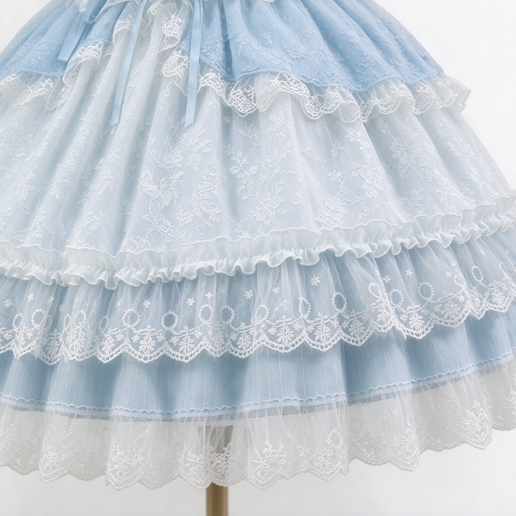Pink and Light Blue Ruffled Lace Strap Dress with Bow Accent - view 4