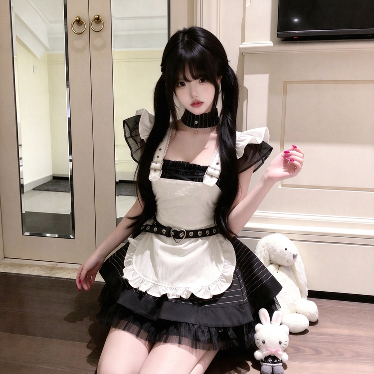 Black and White Striped Ruffled Lolita Dress with Belt Accent 商品画像