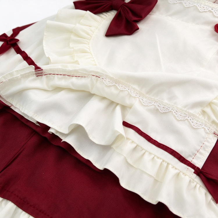 Burgundy and White Lace Gothic Maid Lolita Dress Set with Bell Bows - view 6