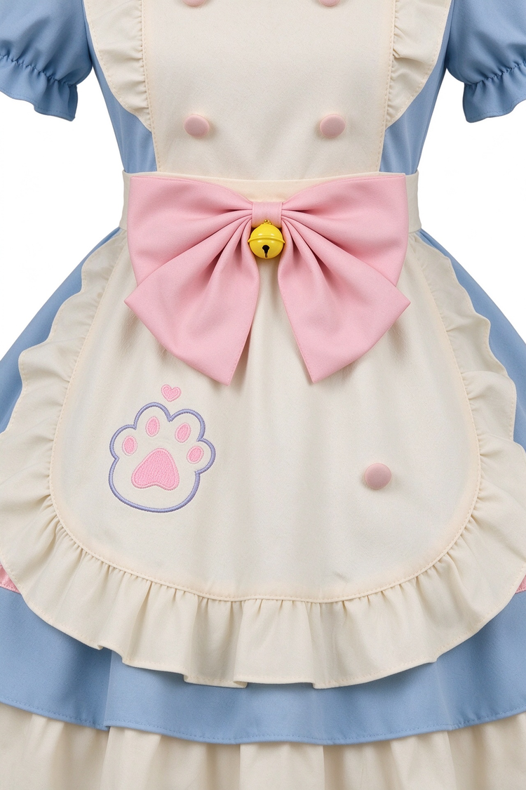 Blue and Beige Lace Cat Paw Maid Lolita Jumper Dress with Bow - view 3