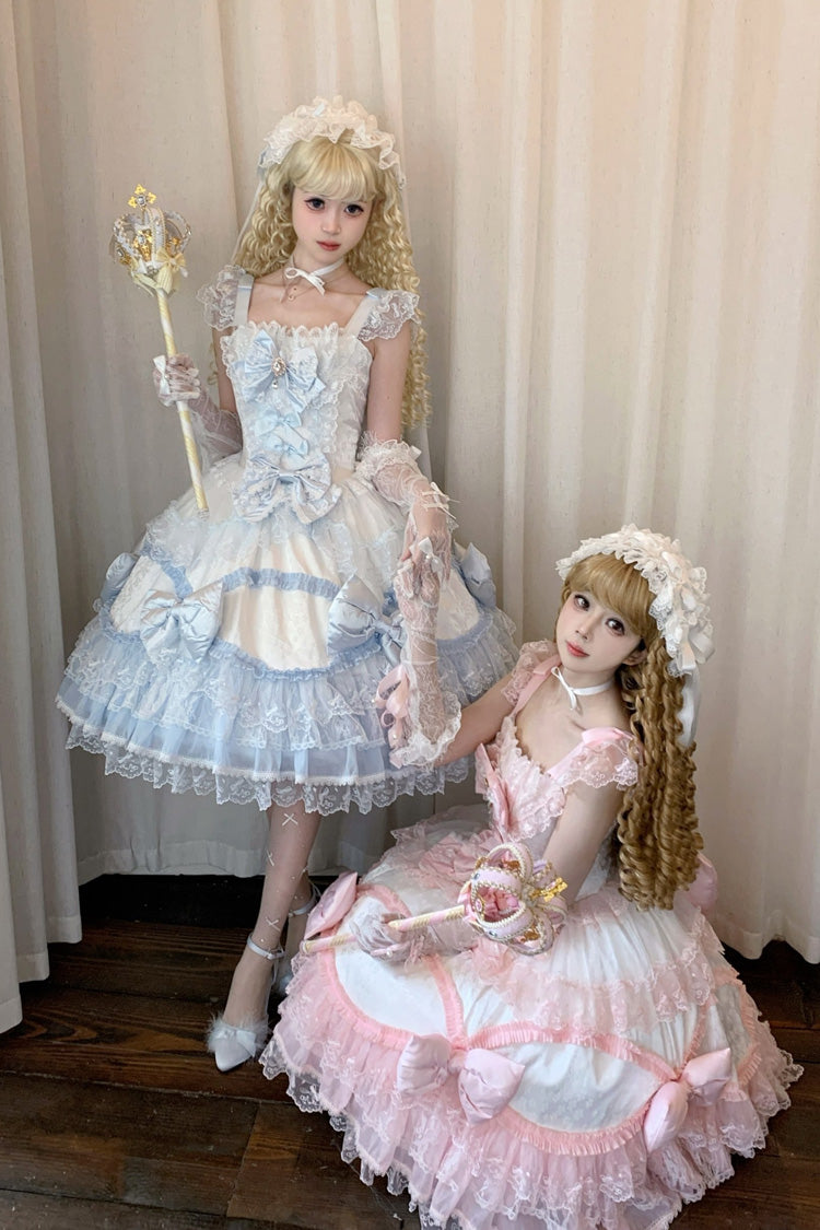 White/Blue [Flower Dream Isle] Square Collar Multi-Layered Ruffled Bow Lace Sweet Lolita Jsk Dress - Product - 6