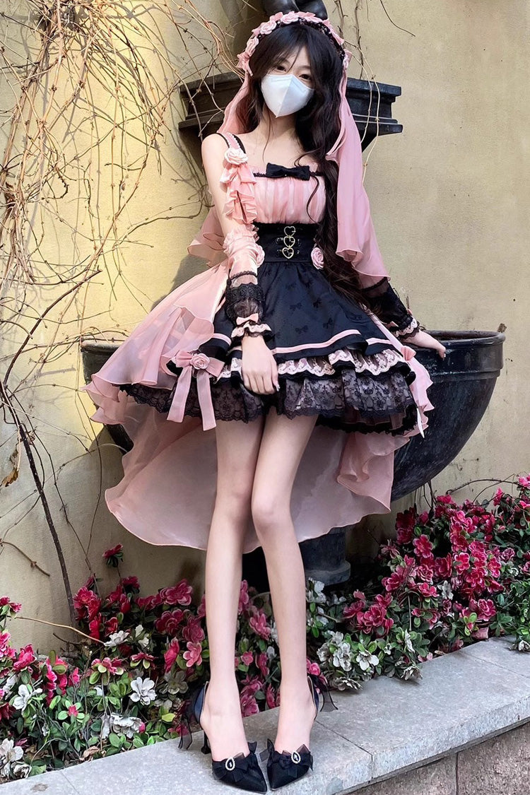 Black/Pink Multi-layer Ruffle Bowknot Sweet Princess Lolita Dress - Black/Pink - 1