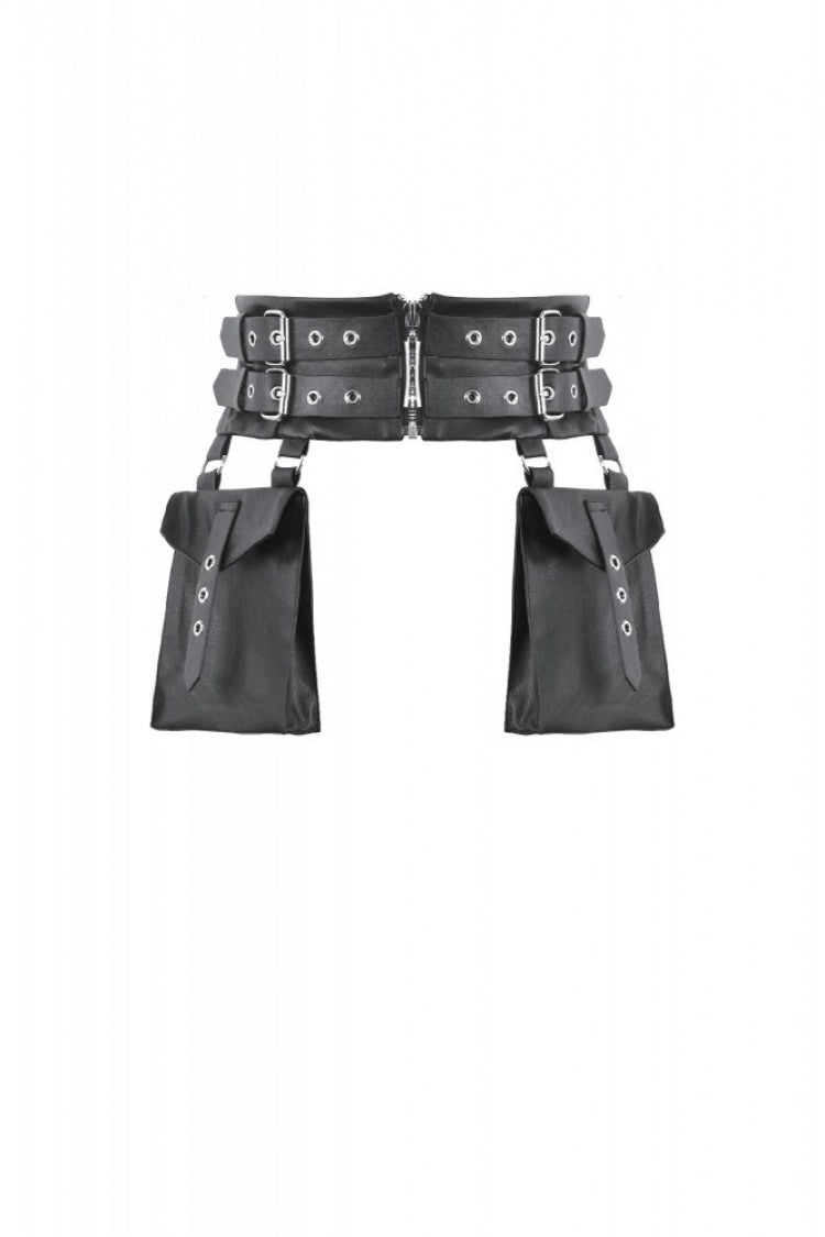 Black Eyelet Buckled Zippered Women's Punk Leather Belt with Side Pouches - Product - 3