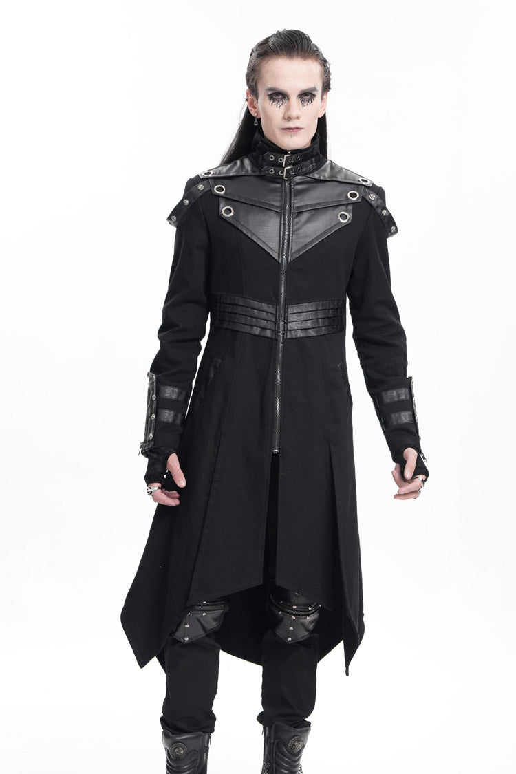 Black Stand Collar Eyelets Buckle-up Ring Long Sleeves Stitching Men's Gothic Coat - Product - 6