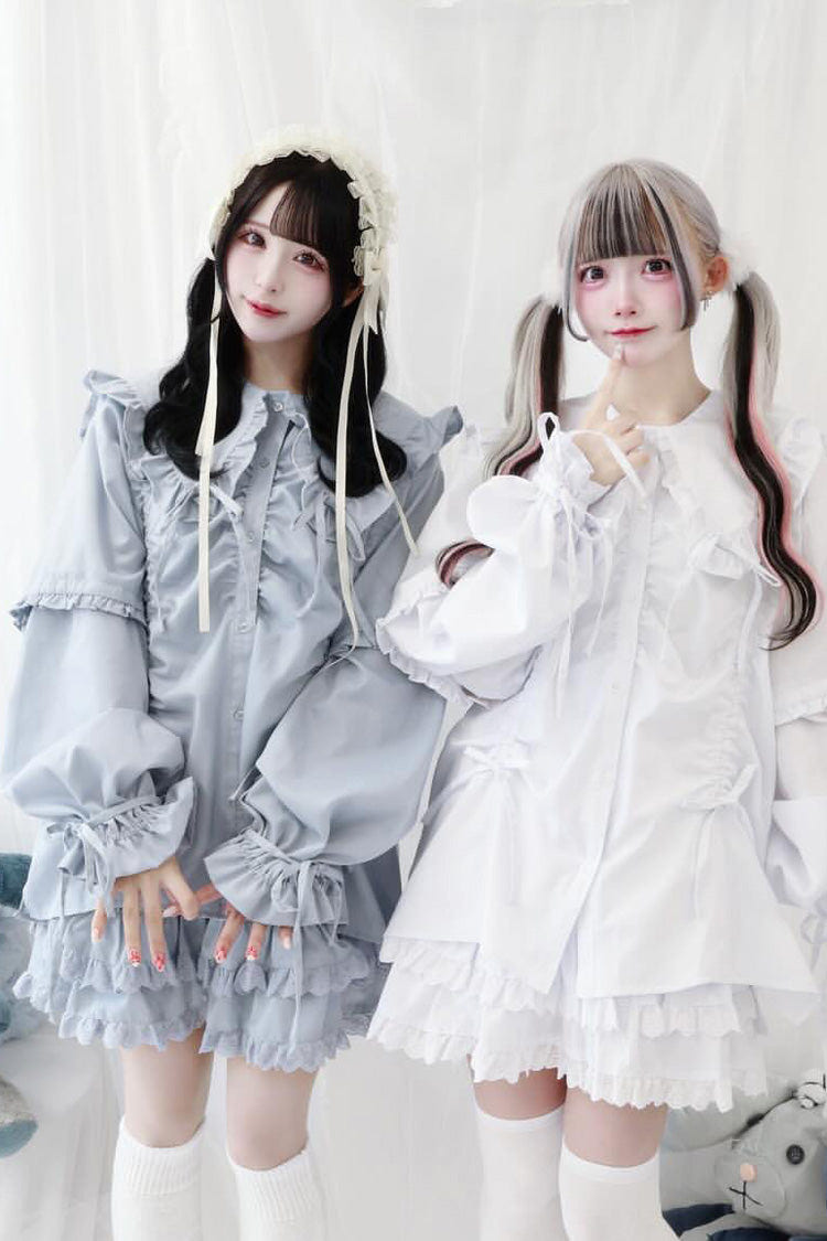 Doll Collar Long Sleeves Ruffle Bowknot Sweet Jirai Kei Japanese Blouse 3 Colors - Aqua - 1