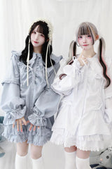 Doll Collar Long Sleeves Ruffle Bowknot Sweet Jirai Kei Japanese Blouse 3 Colors - Aqua - 1