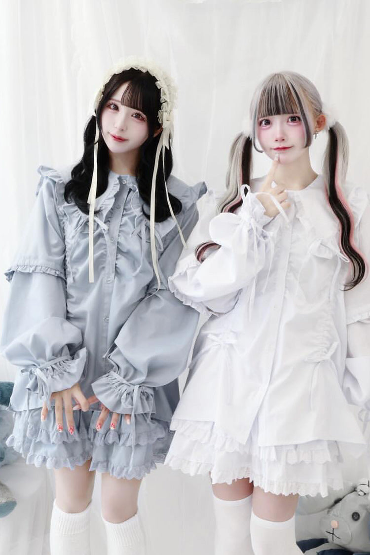Doll Collar Long Sleeves Ruffle Bowknot Sweet Jirai Kei Japanese Blouse 3 Colors - Aqua - 1