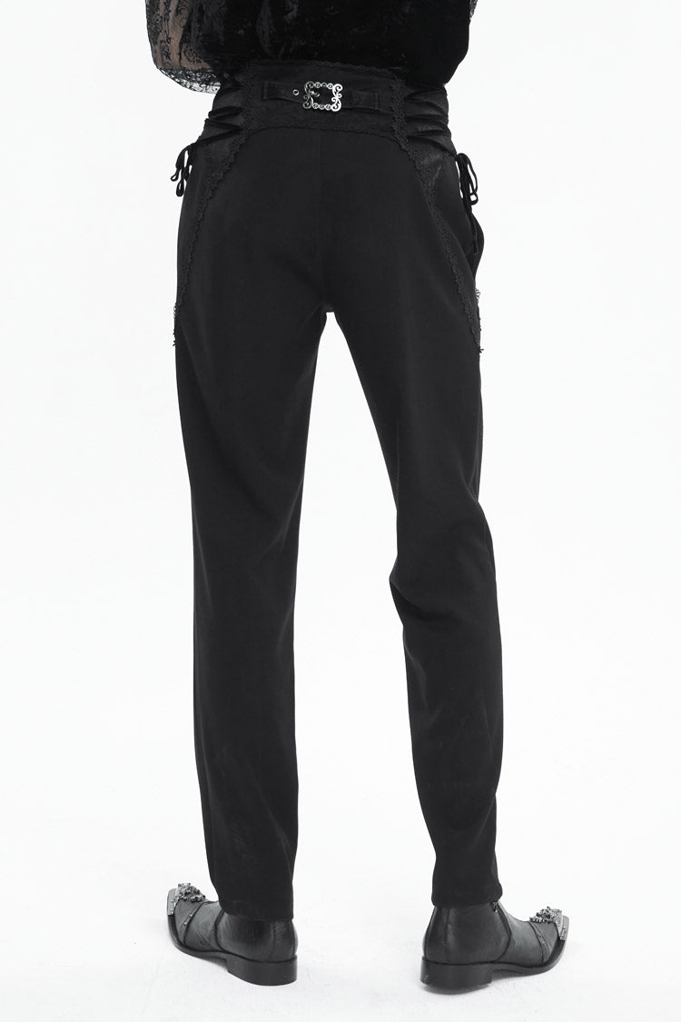 Black Lace Trim Embellished High Waisted Men's Gothic Pants - Product - 3