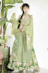 Green Stand Collar Long Sleeves Ming-Style Embroidery Cloud Shoulder Sweet Hanfu Horse-Face Dress Set - Product - 4