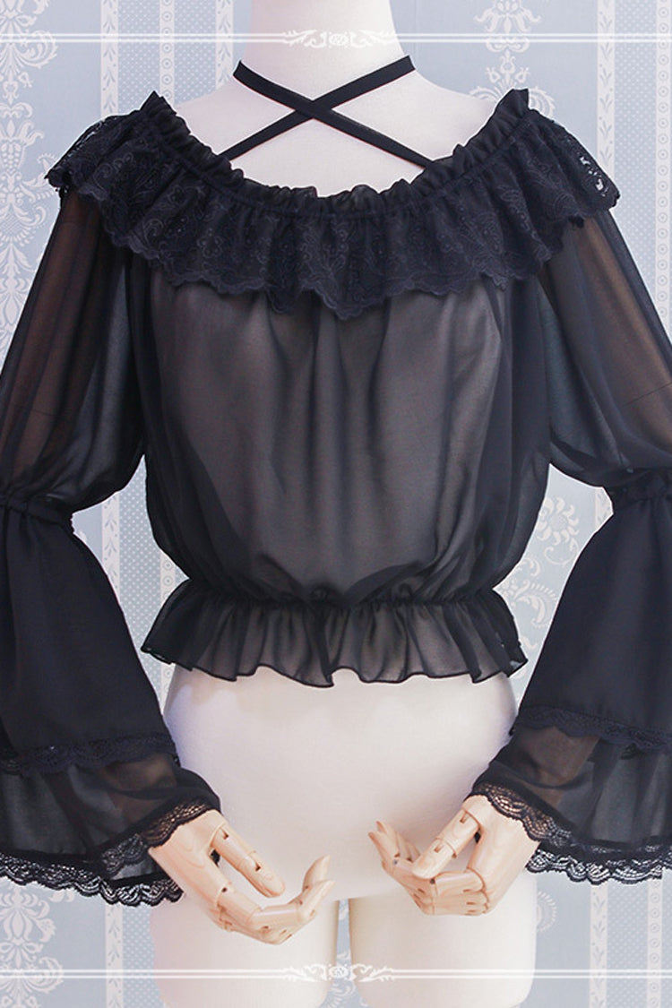 Chiffon Long Ji Sleeve Halter Neck Lolita Blouse - Black - 3