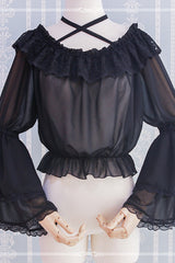 Chiffon Long Ji Sleeve Halter Neck Lolita Blouse - Black - 3