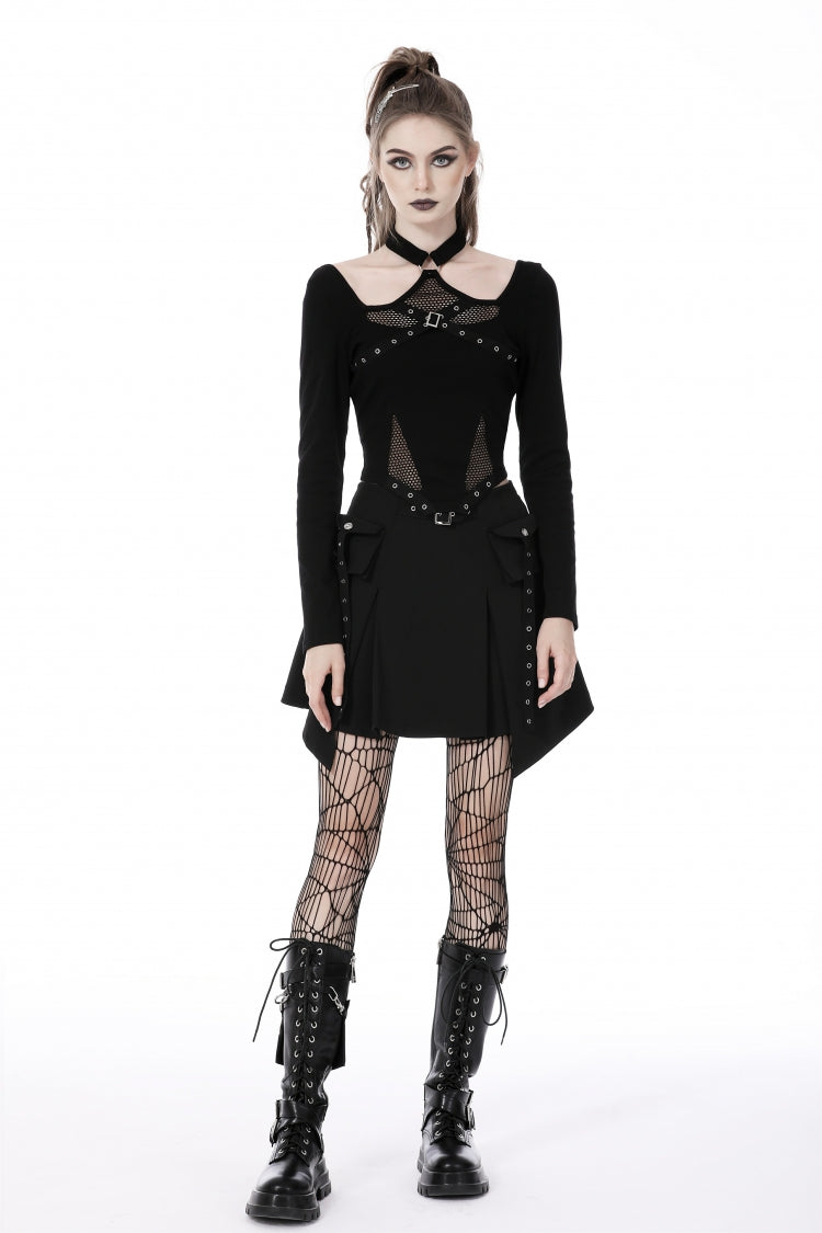 Black Halterneck Long Sleeves Eyelet Mesh Splice Women's Punk Crop Top - Product - 10