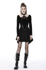 Black Halterneck Long Sleeves Eyelet Mesh Splice Women's Punk Crop Top - Product - 10