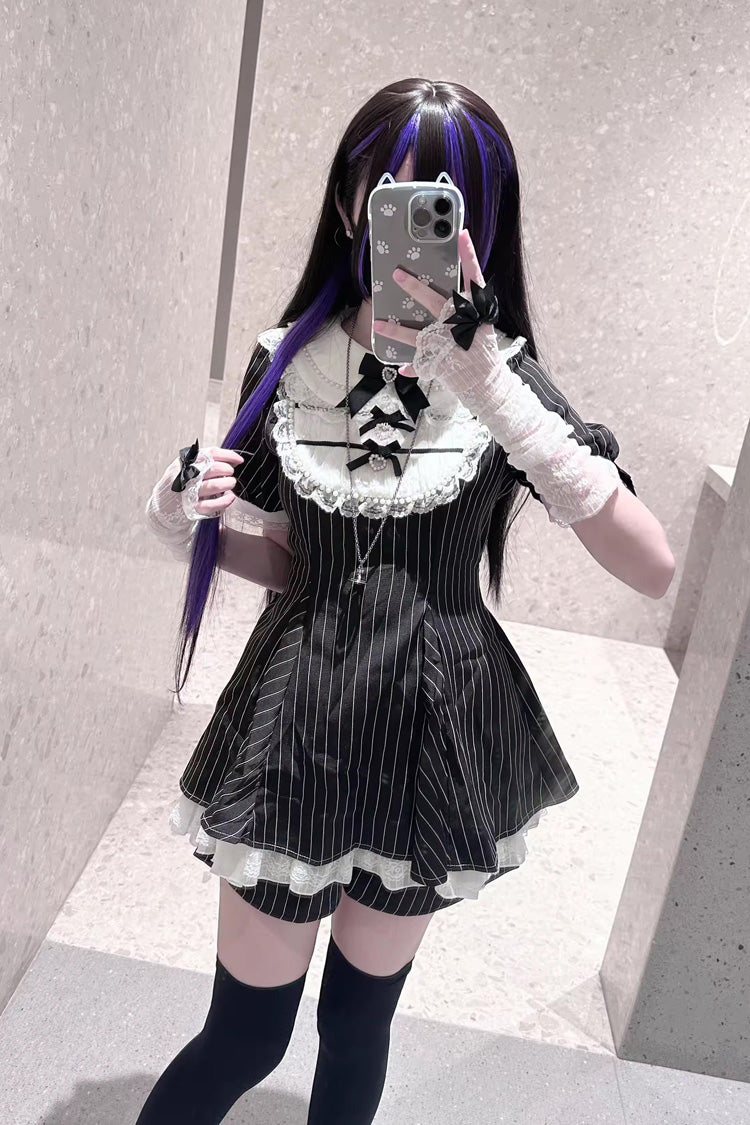 [Moonlight Whispers] Jirai Kei Rabbit Ears Doll Collar Short Sleeves Printed Ruffled Bow Lace Gothic Japanese Dress Shorts Set 2 Colors - Product - 6