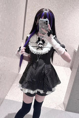 [Moonlight Whispers] Jirai Kei Rabbit Ears Doll Collar Short Sleeves Printed Ruffled Bow Lace Gothic Japanese Dress Shorts Set 2 Colors - Product - 6