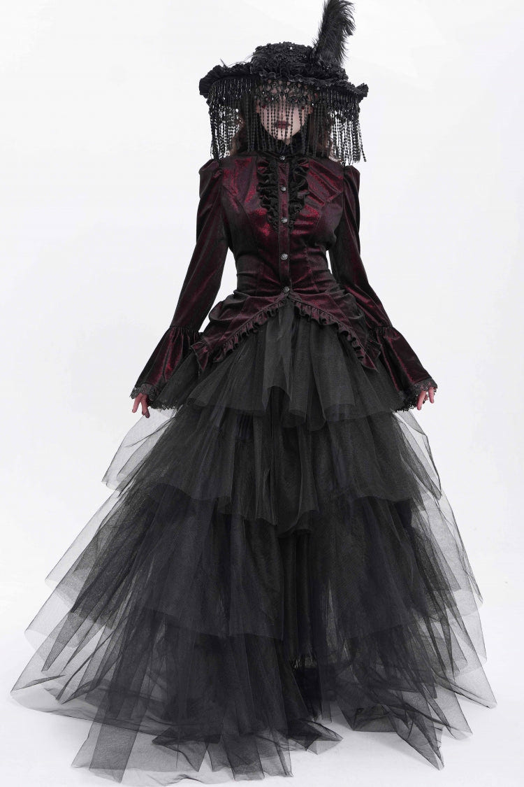 Red Stand Collar Long Trumpet Sleeves Ruffle Swallow-tailed Women's Gothic Blouse - Product - 7