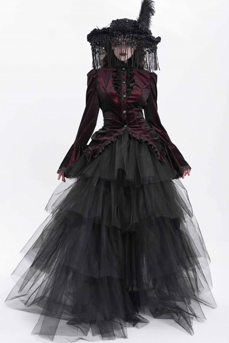 Red Stand Collar Long Trumpet Sleeves Ruffle Swallow-tailed Women's Gothic Blouse - Product - 7
