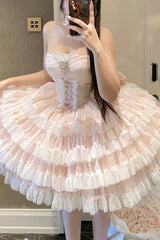 Pink [Heartbeat at First Sight] Off Shoulder Sleeveless Multi-Layered Ruffle Bowknot Lace Lace-Up Sweet Princess Gorgeous Lolita Dress - Product - 8