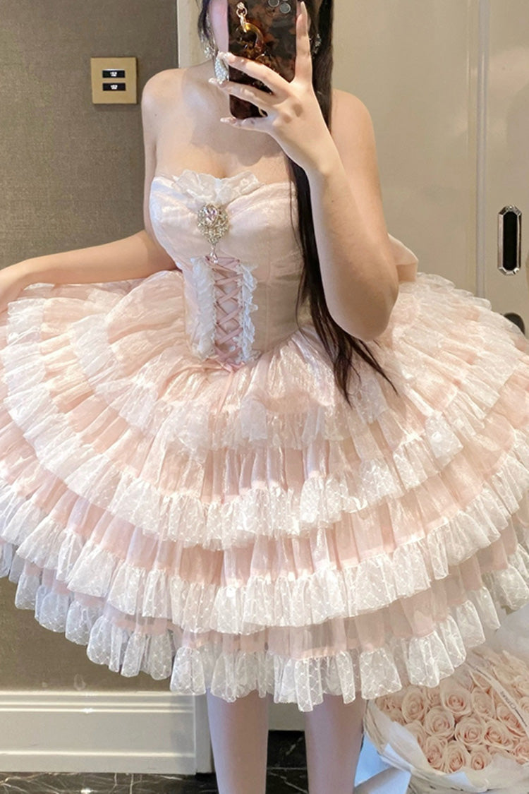 Pink [Heartbeat at First Sight] Off Shoulder Sleeveless Multi-Layered Ruffle Bowknot Lace Lace-Up Sweet Princess Gorgeous Lolita Dress - Product - 8