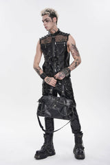 Black Spliced Mesh Studded Buckled Zippered Chain-Decorated Eyelet Men's Punk Cool Vest - Product - 14