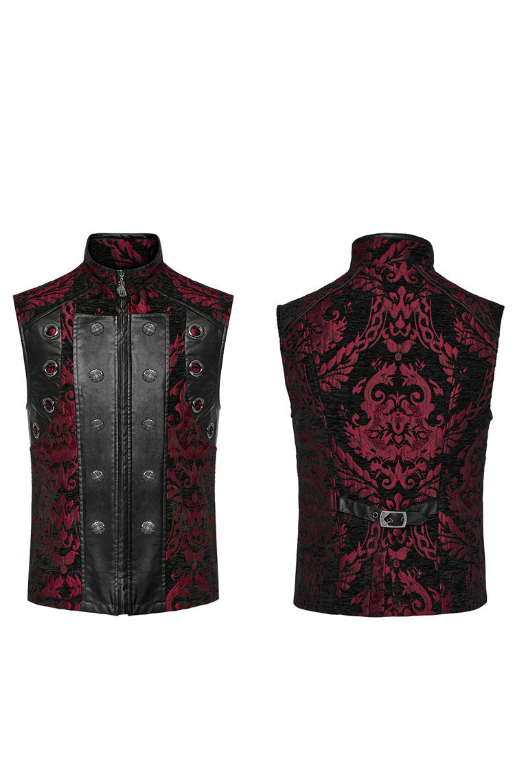Black/Red Men's Stand Collar Jacquard Print Stitching Metal Ring Decoration Gothic Vest - Product - 5