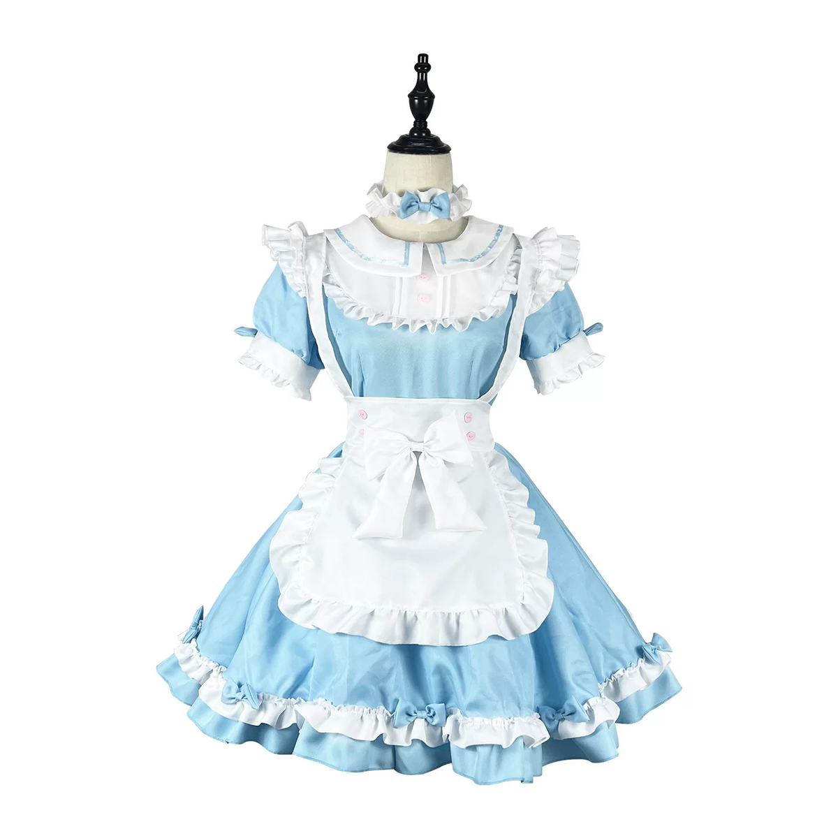Light Blue Ruffled Maid Lolita Dress with Apron Bow Accent - view 2