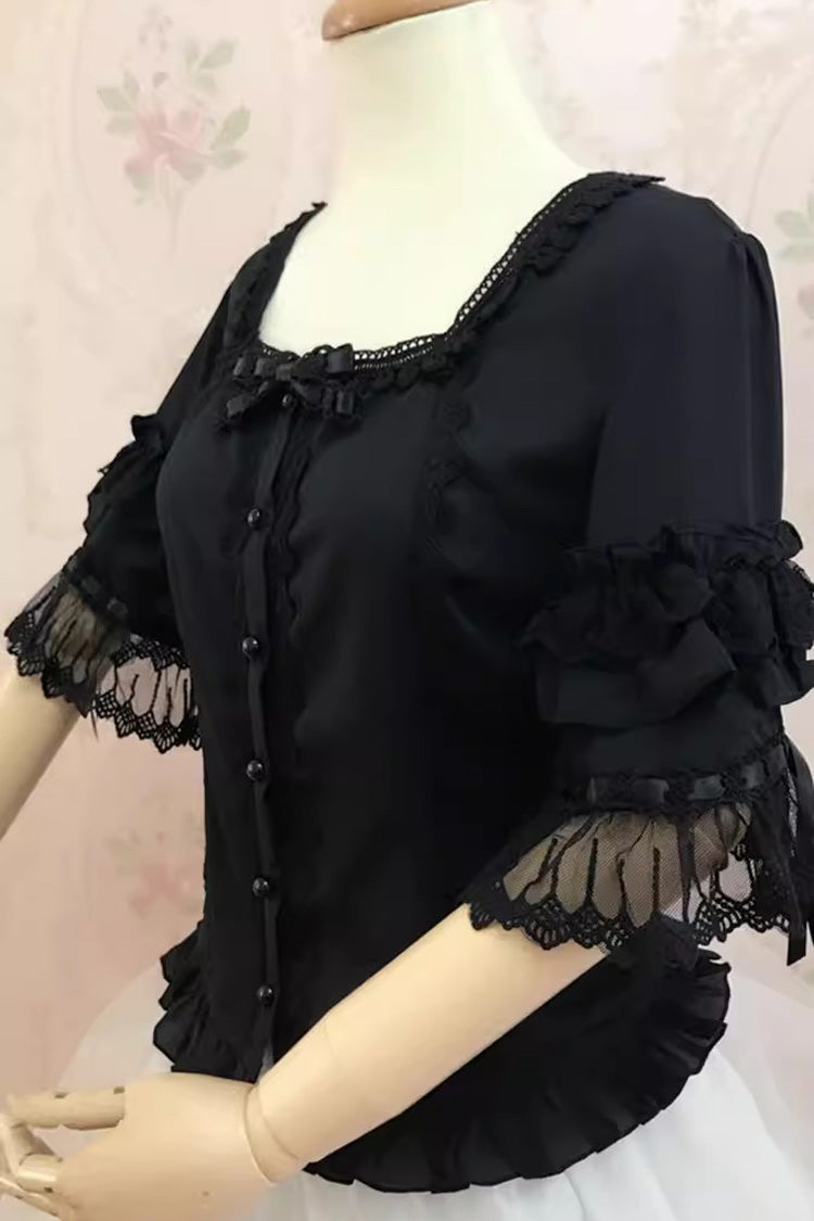 White Square Collar Short Hime Sleeves Lace Sweet Lolita Blouse - Product - 6