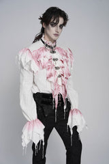 White High Collar Long Trumpet Sleeves Color-Blocked Pleated Men's Gothic Shirt - Product - 12