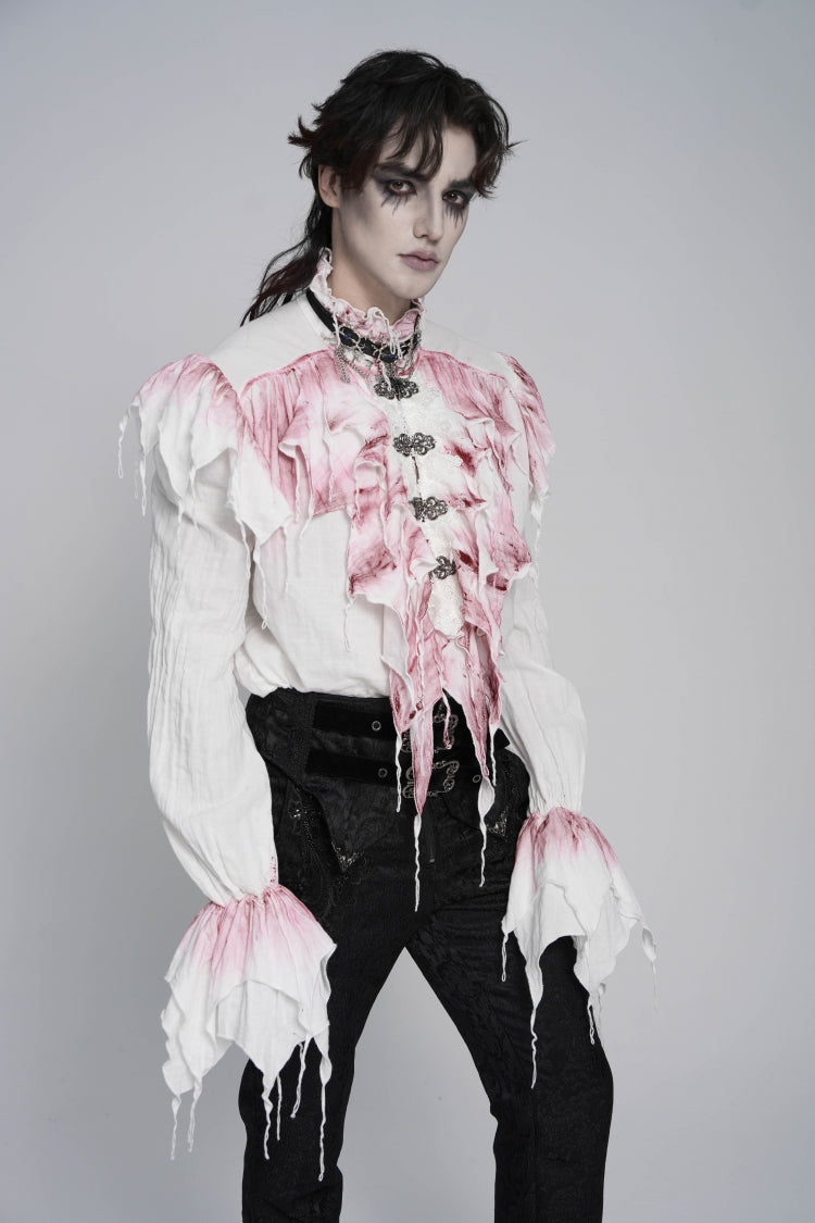 White High Collar Long Trumpet Sleeves Color-Blocked Pleated Men's Gothic Shirt - Product - 12