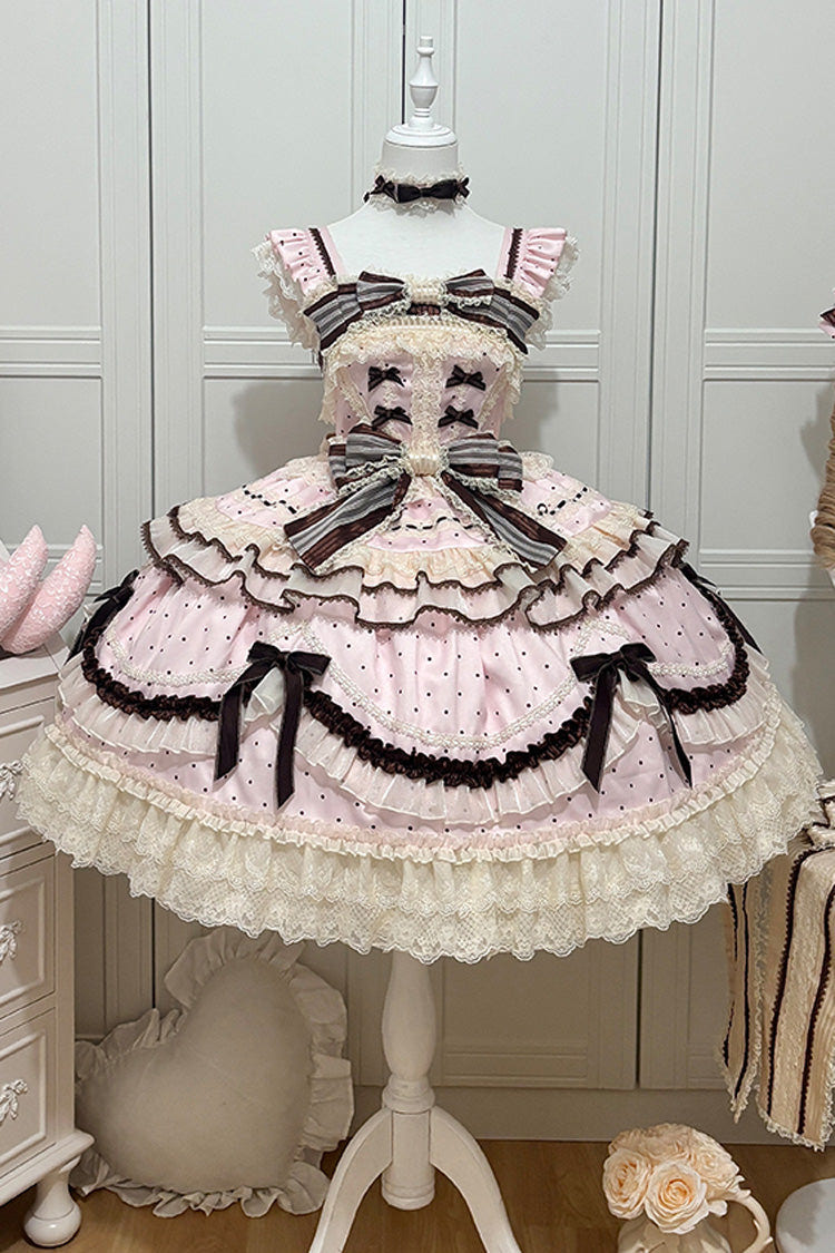 Pink [Shengqiao Tata] Sleeveless Print Ruffle Bowknot Lace-Up Sweet Elegant Lolita Jsk Dress - Product - 3