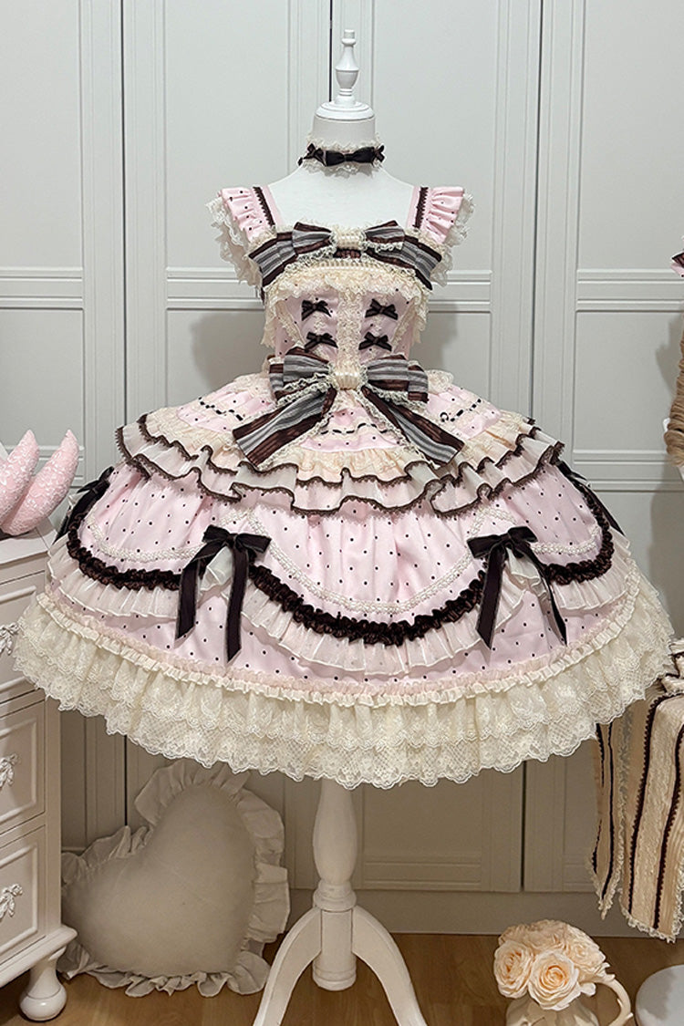 Pink [Shengqiao Tata] Sleeveless Print Ruffle Bowknot Lace-Up Sweet Elegant Lolita Jsk Dress - Product - 3