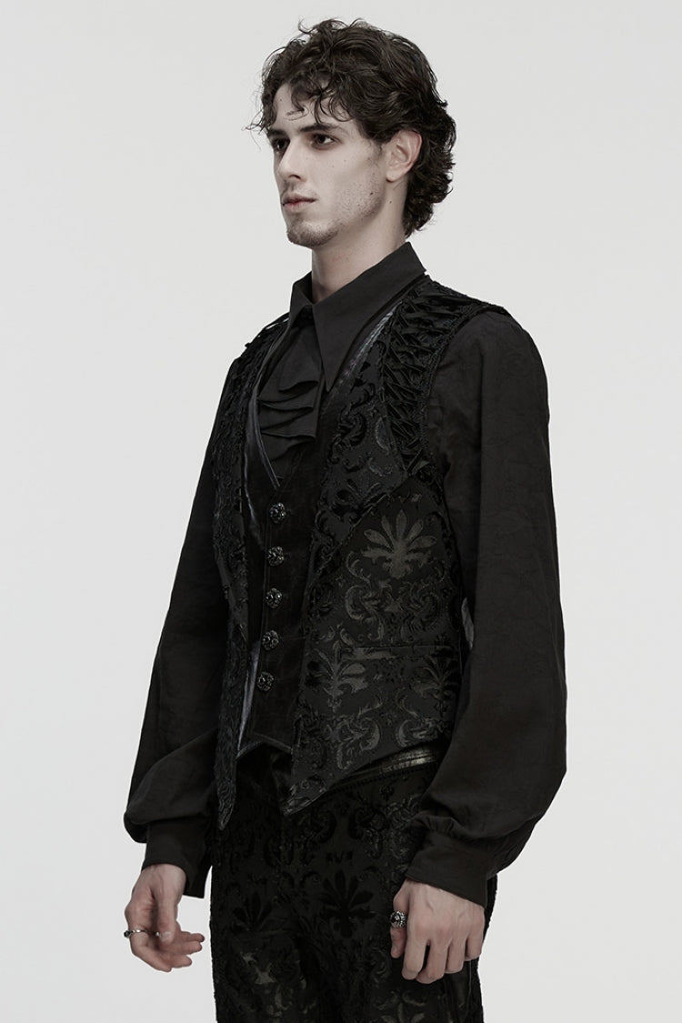 Black Long Sleeves V Collar Floral Embroidery Men's Gothic Vest - Product - 2