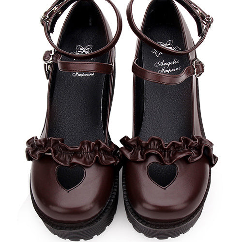 Round Toe Hollow Out Heart Shape Ruffle School Sweet Lolita Shoes - Product - 9