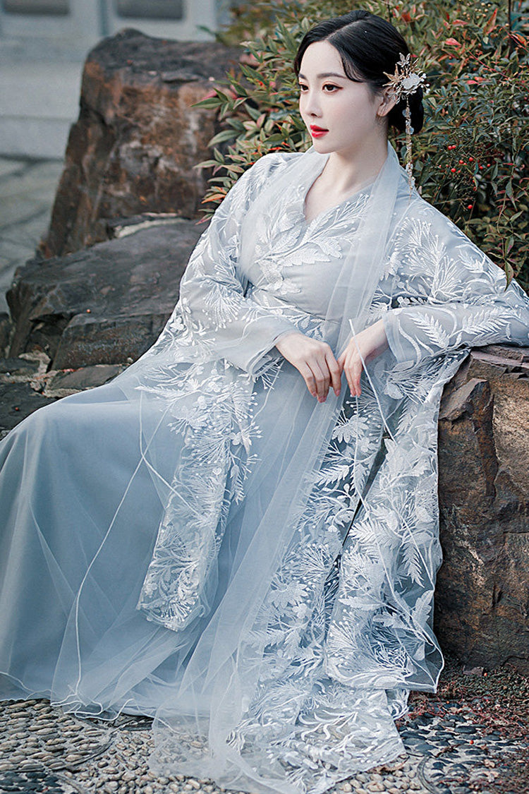 Fairy-Like Ancient Chinese Inspired Long Sleeves Embroidered Casual Hanfu Dress Set 3 Colors - Product - 12