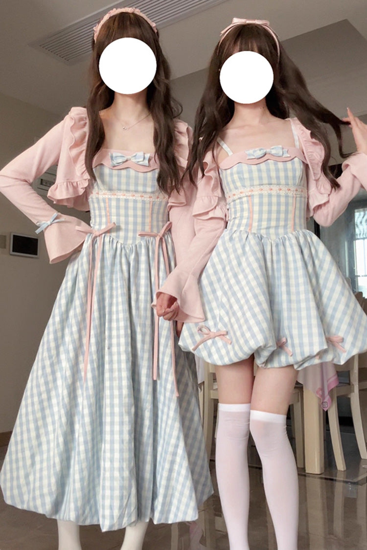 Blue [Sea Salt Strawberries] Sleeveless Plaid Print Bowknot Sweet Lolita Jsk Short Dress - Product - 5