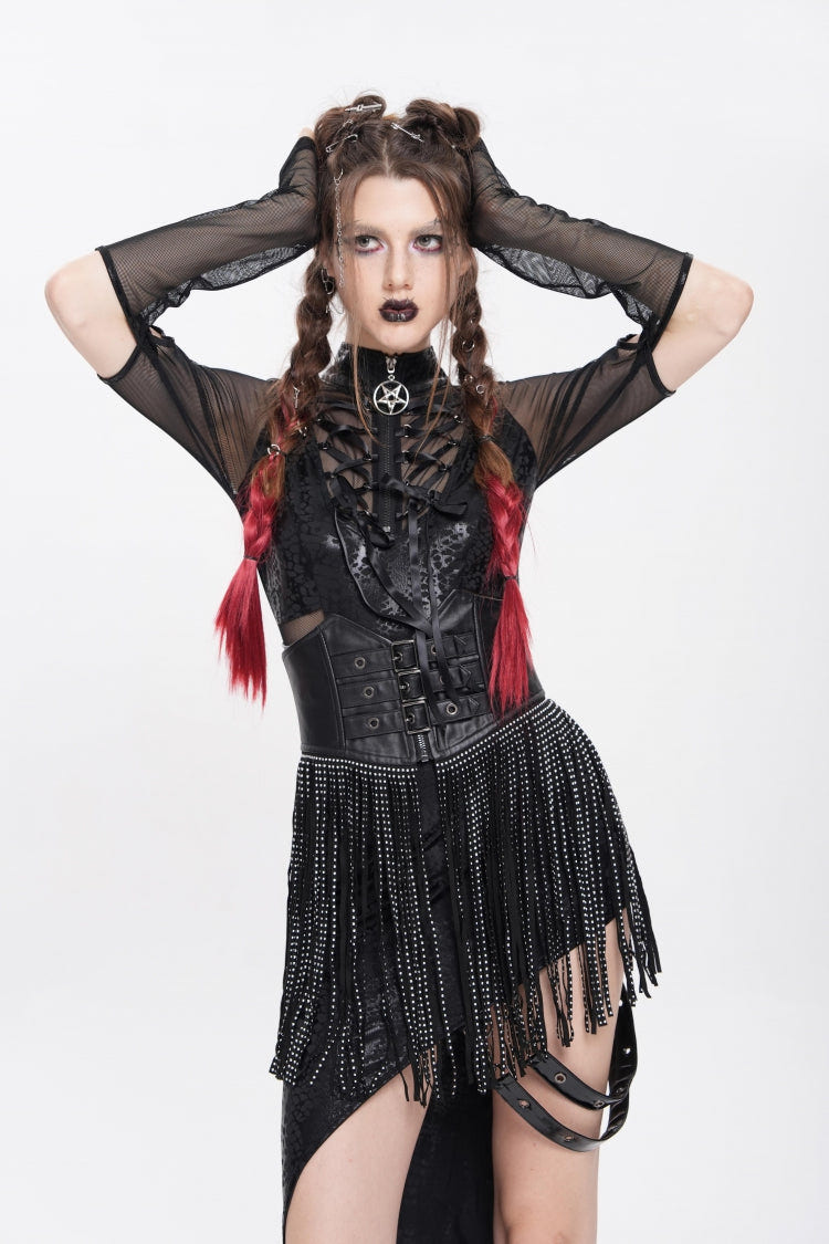 Black Lace Tassels Lace-Up Slim Buckled Women's Gothic Corset - Product - 6