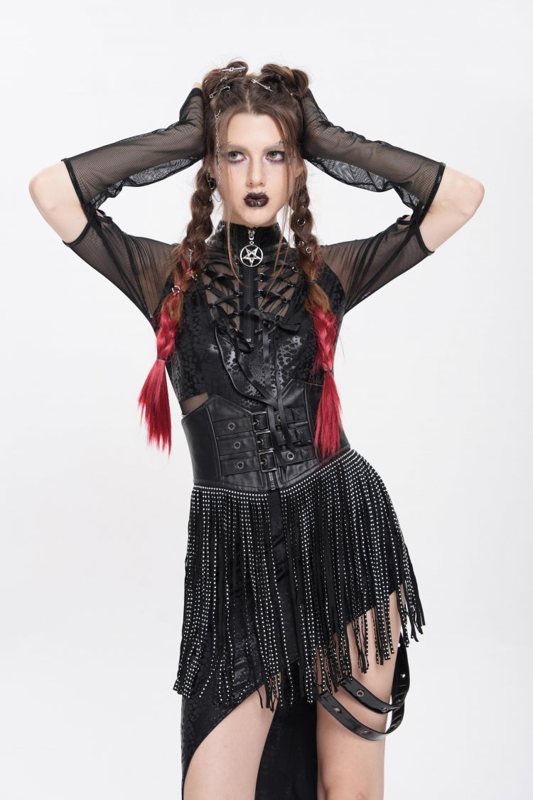 Black Lace Tassels Lace-Up Slim Buckled Women's Gothic Corset - Product - 6